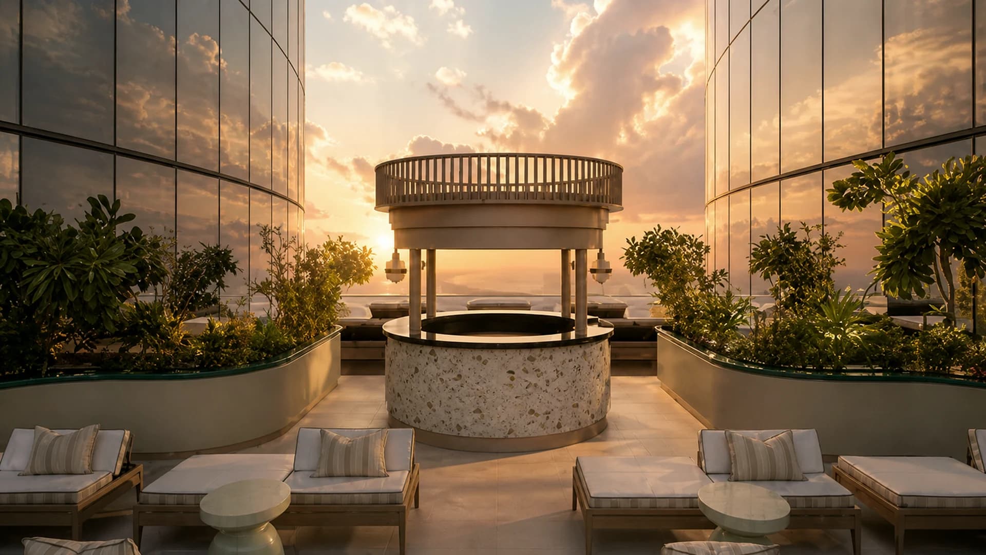 Tattu Dubai's rooftop pavilion framed by reflective towers at sunset