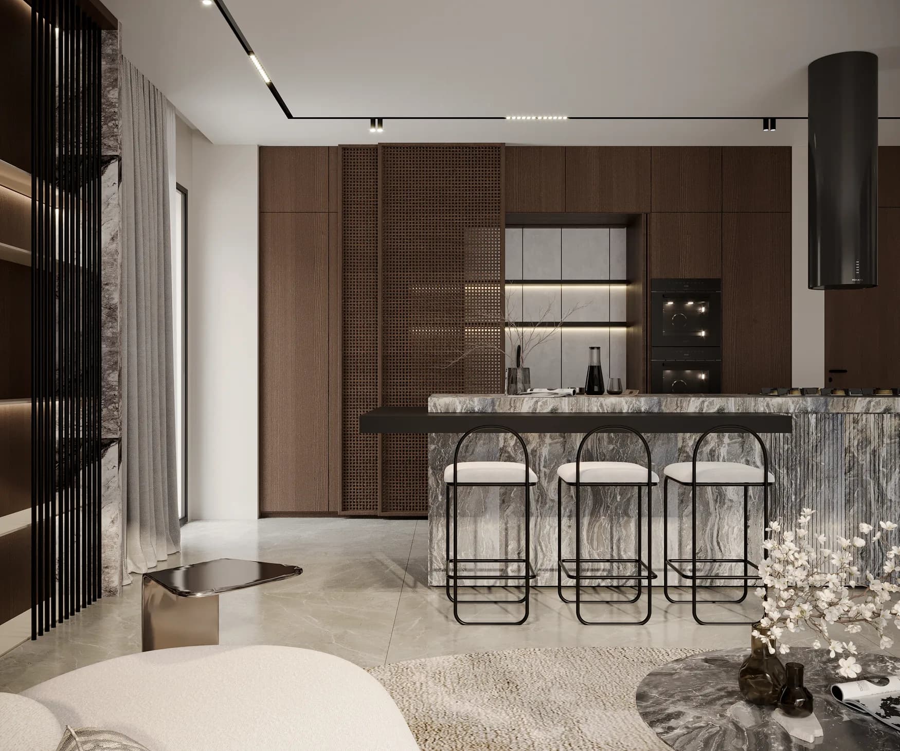Marble island and dark timber kitchen at Dubai Hills Modern Townhouse