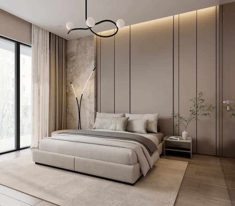 Soft neutral bedroom at Edge Cliff Apartment