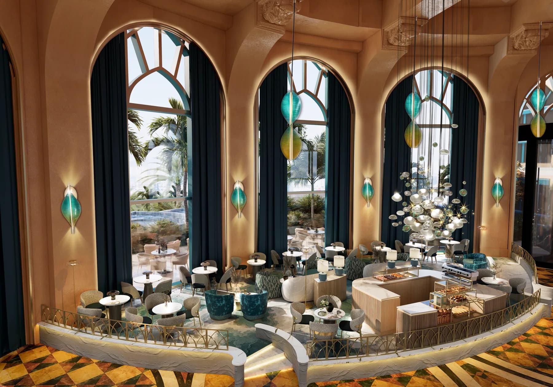 Platos at Atlantis with monumental arches and a sea-inspired interior palette